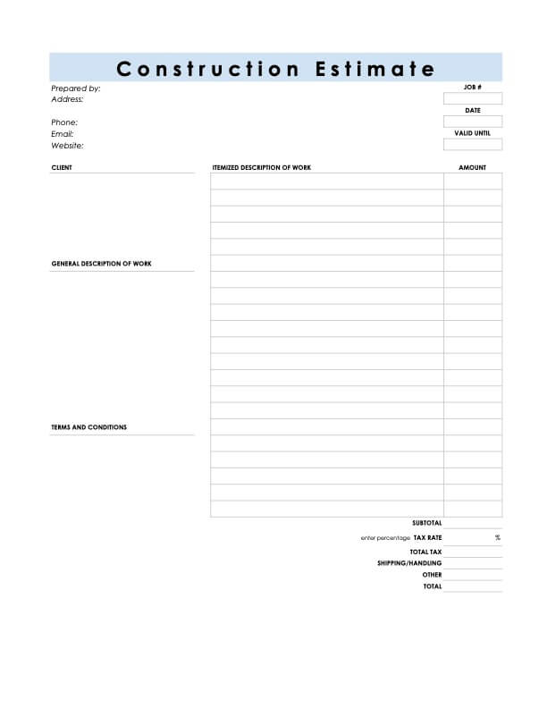 Itemized Construction Estimate Template - Preview