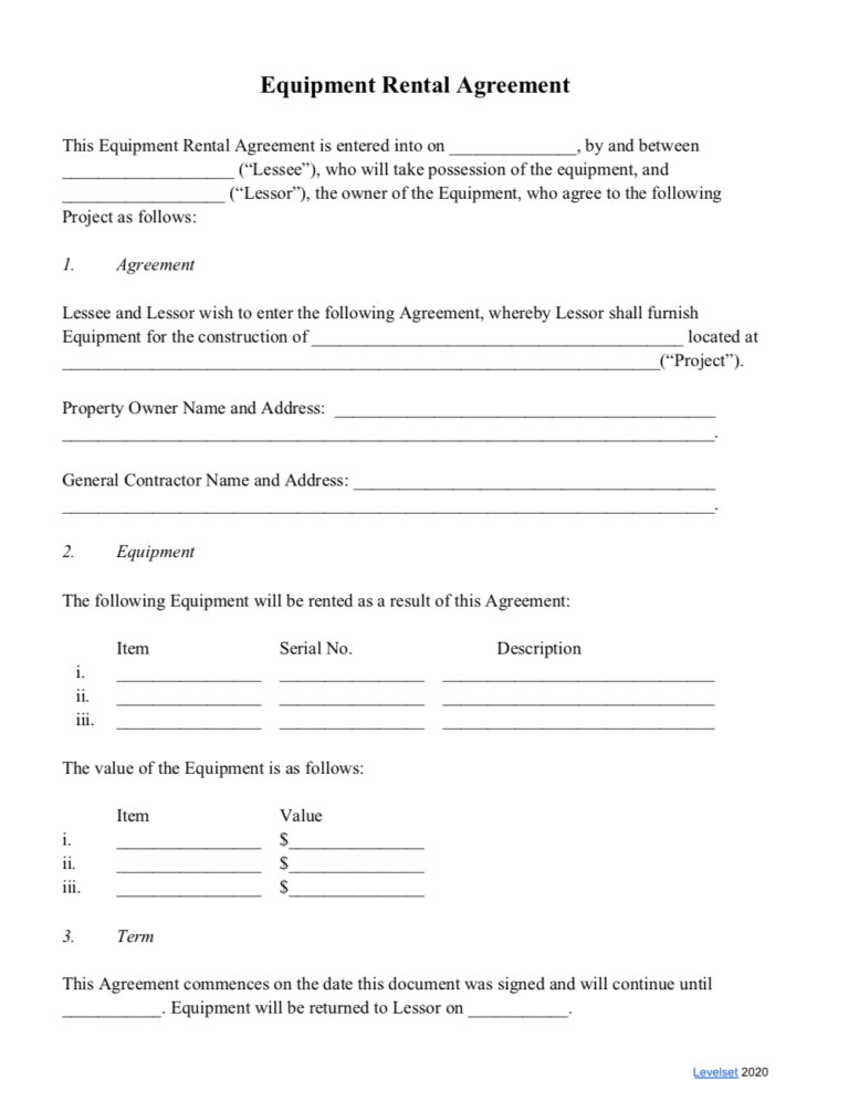 Equipment Rental Agreements (Free Template)