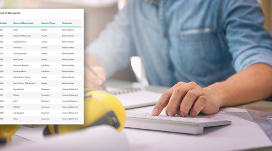 Person working on computer overlaid with image of example chart of accounts