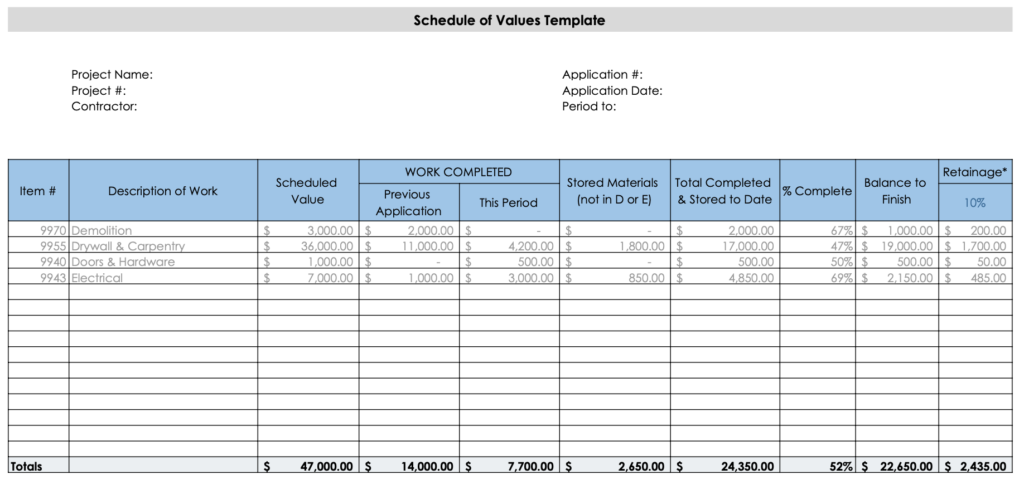 Preview of a schedule of values template