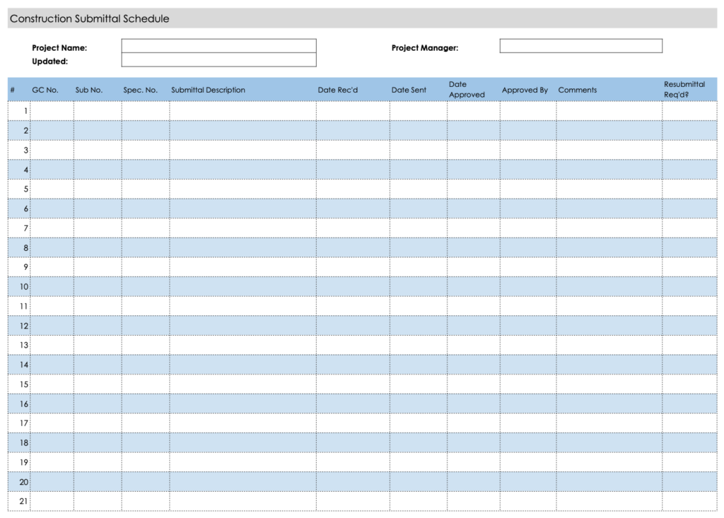 Preview of a submittal schedule template