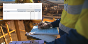 Photo of an architect reviewing paperwork at a construction site with an overlaid example of a change order