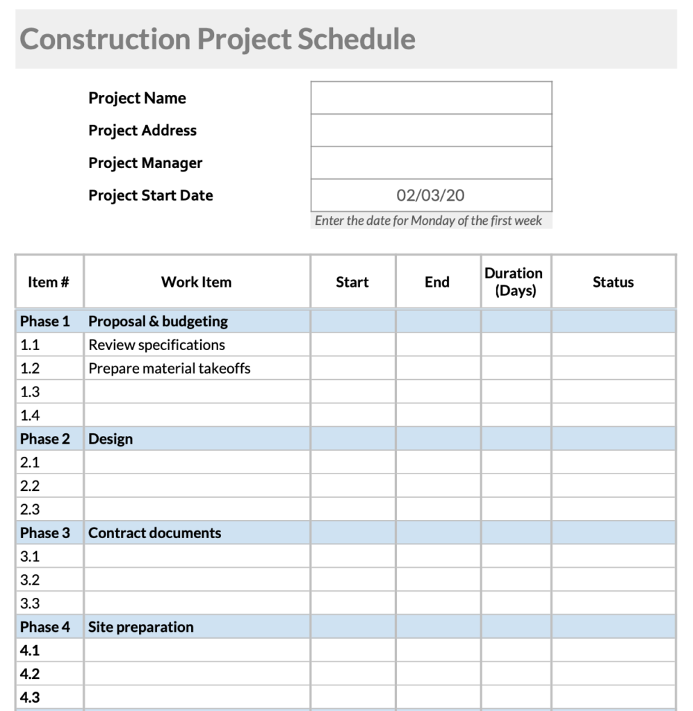 Preview of a construction project schedule template