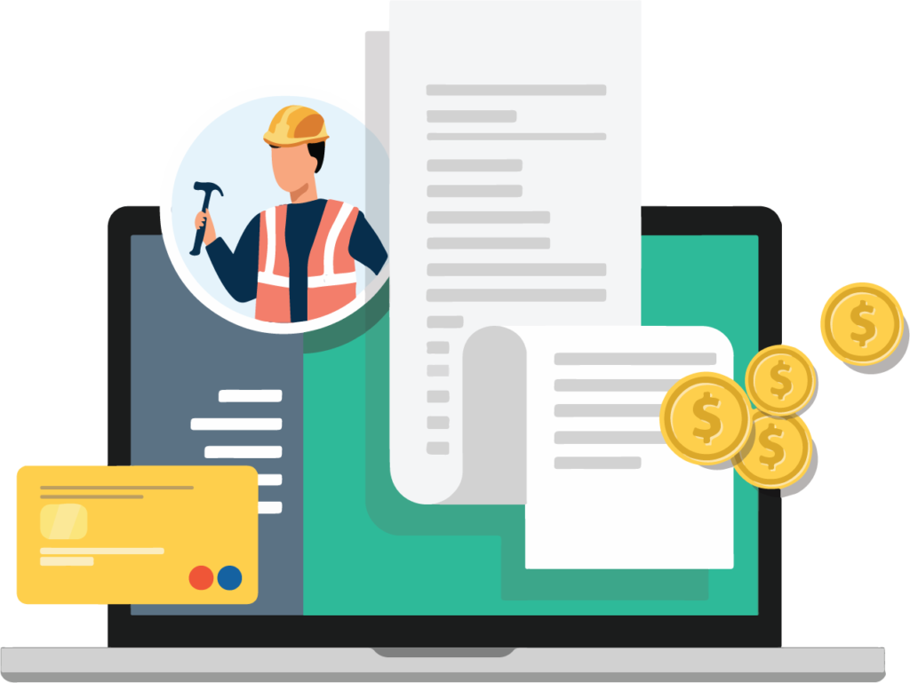Ultimate Guide to Construction Accounting illustration with computer, money, and construction worker
