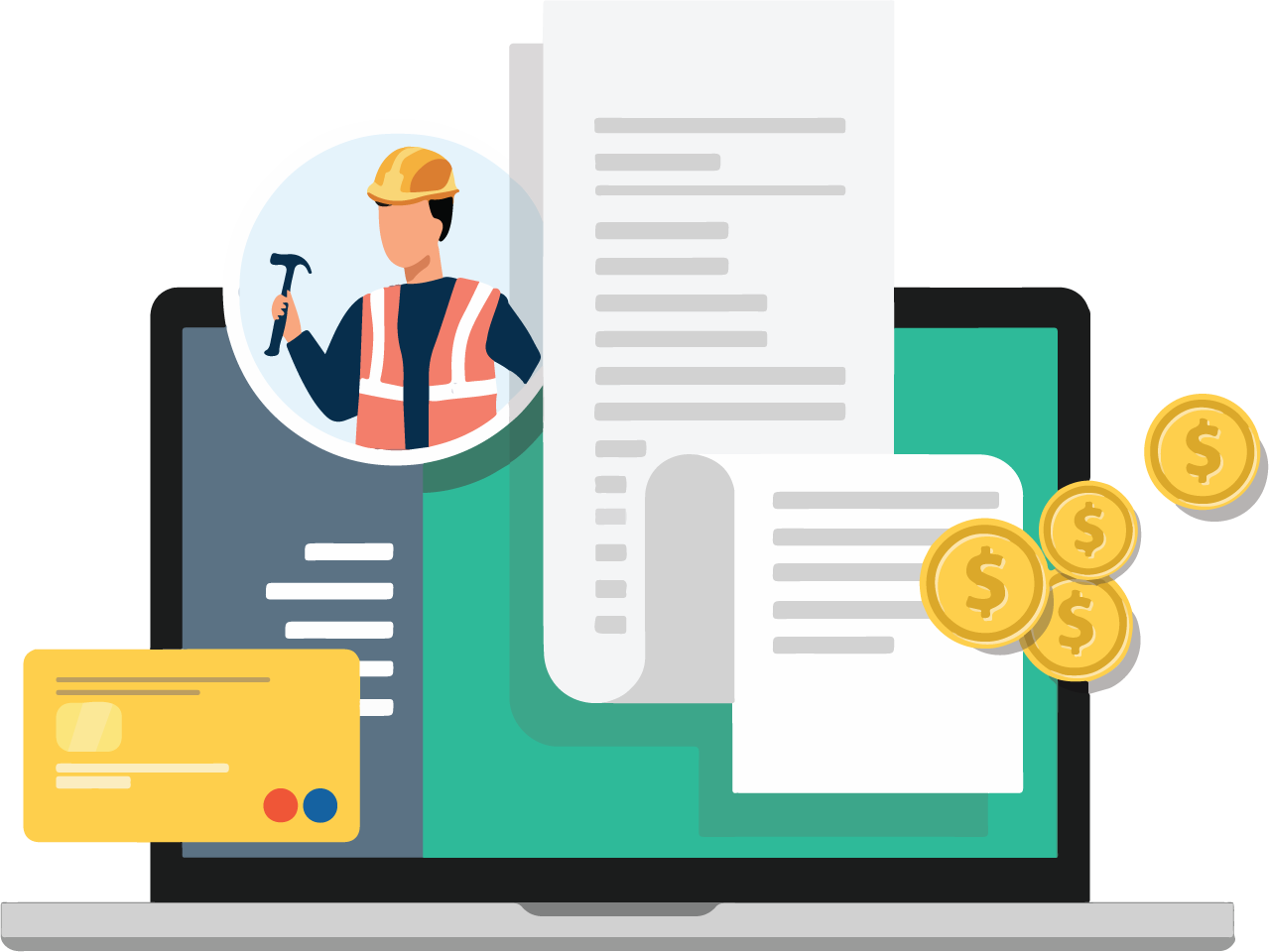 Ultimate Guide to Construction Accounting illustration with computer, money, and construction worker