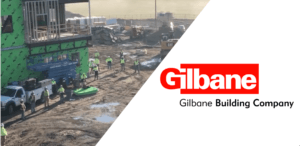 Logo for Gilbane Building Company with image of worksite