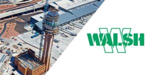 Airport construction photo with Walsh Group logo