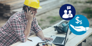 Construction contractor on the phone with illustrations of payment