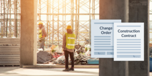 Photo of construction site with illustration of contract and change order form