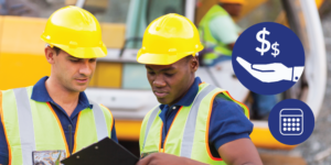 Two construction contractors looking at clipboard illustrated payment icons