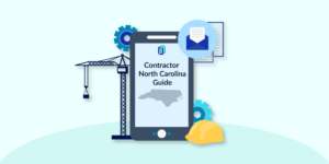 Illustration of phone with "North Carolina Contractor Licensing" and construction equipment