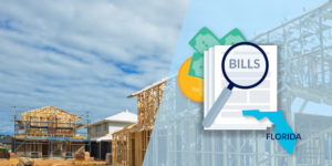 Construction site photo with illustration of bills and state of Florida overlay