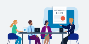 Illustration of four team members talking about mechanics liens