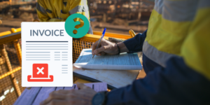 Illustration of invoice with question mark overlaid on photo of construction worker filling out paperwork