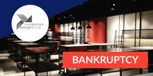 Ross Burton Design Build Logo with bar interior photo and bankruptcy tag