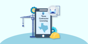 Illustration of phone with "Texas Contractor Licensing" and construction equipment