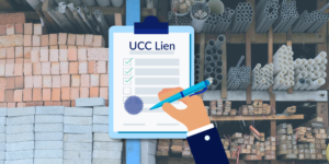 UCC lien illustration overlaid on photo of construction materials