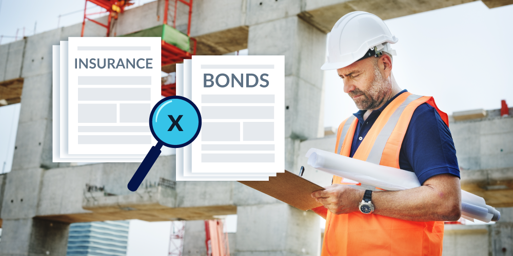 Insurance vs bonds illustration with magnifying glass and photo of construction worker