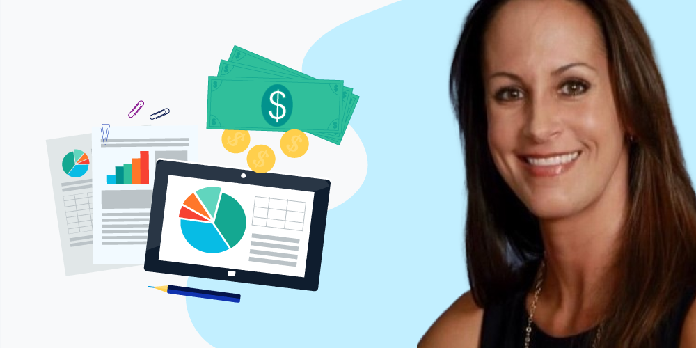 Illustration of credit management tools on a computer and photo of Lori Drake