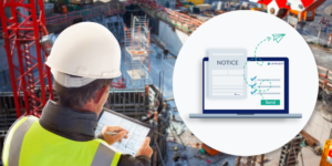 Photo of construction worker using tablet with illustration of computer with lien notices