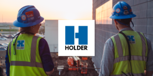 Holder Construction logo over image of construction workers