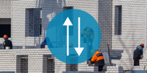 Photo of workers on site with graphic of up and down productivity arrows