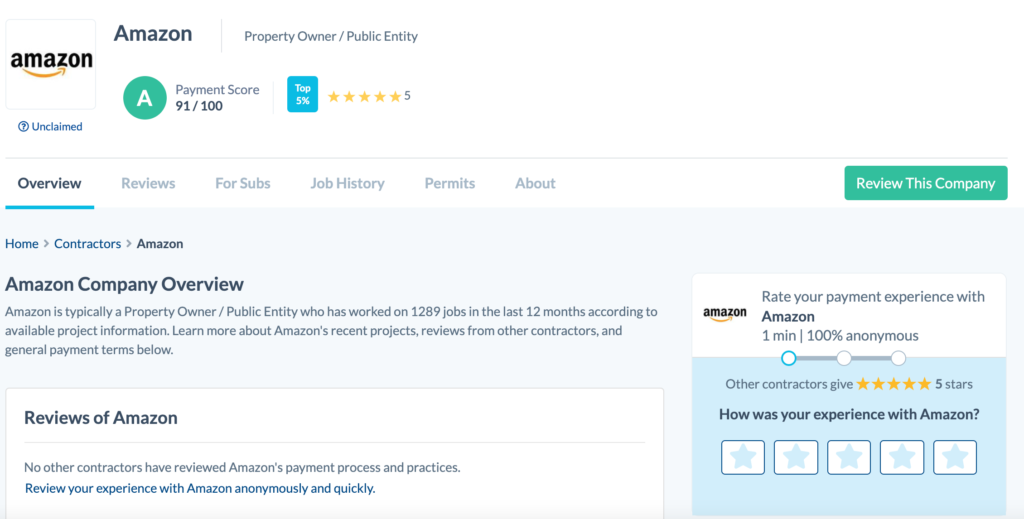 Screenshot of Amazon's Contractor Profile page