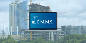 Screen showing CMMS overlaid on construction site photo