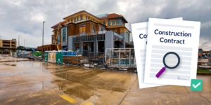Construction contract review checklist illustration with magnifying glass and construction site photo