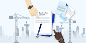 Illustration of construction contract negotiation with hands and paperwork