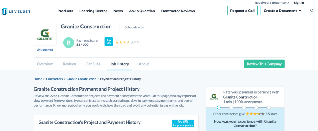 Screenshot of Granite Construction's payment profile
