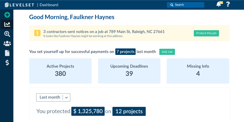 Screenshot of Faulkner Haynes' Levelset dashboard