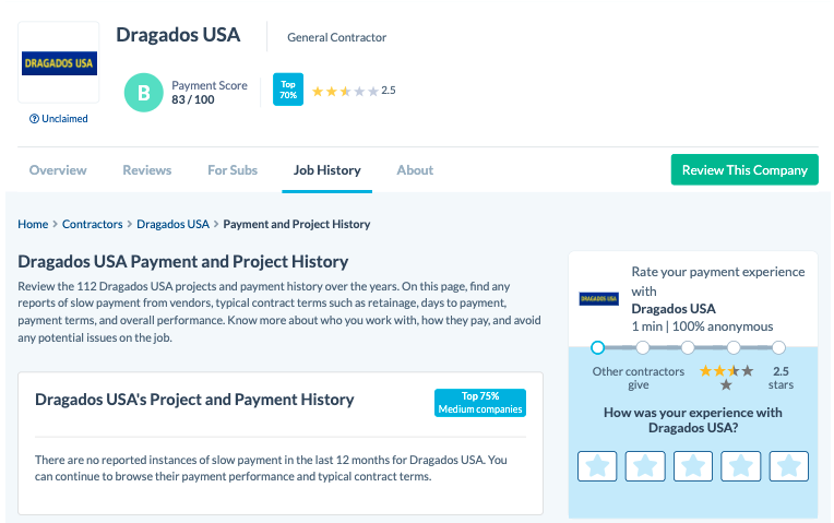 Screenshot of Payment Profile for Dragados USA