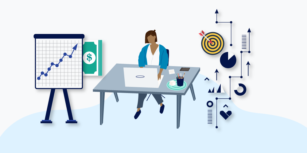 Illustration of woman sitting behind desk with financial icons around her