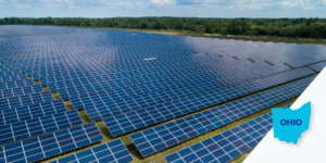 Ohio solar panel farm with illustration of state outline