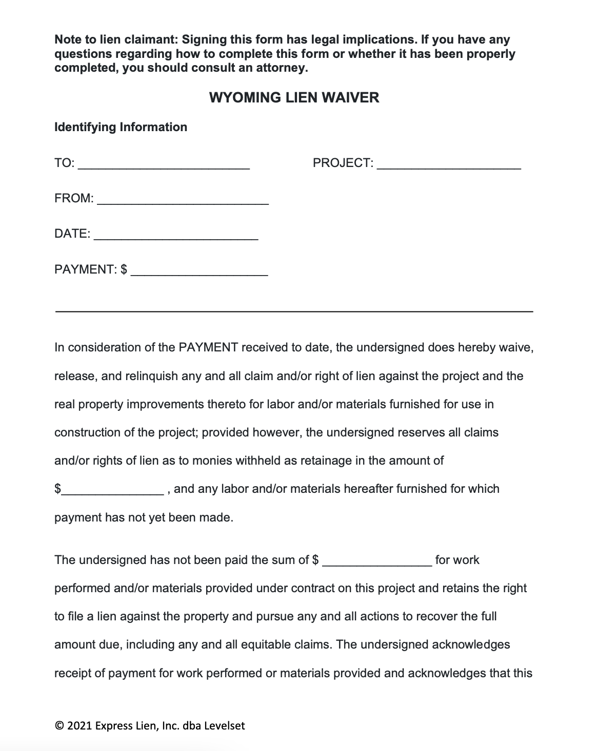 Wyoming Unconditional Lien Waiver Form Levelset