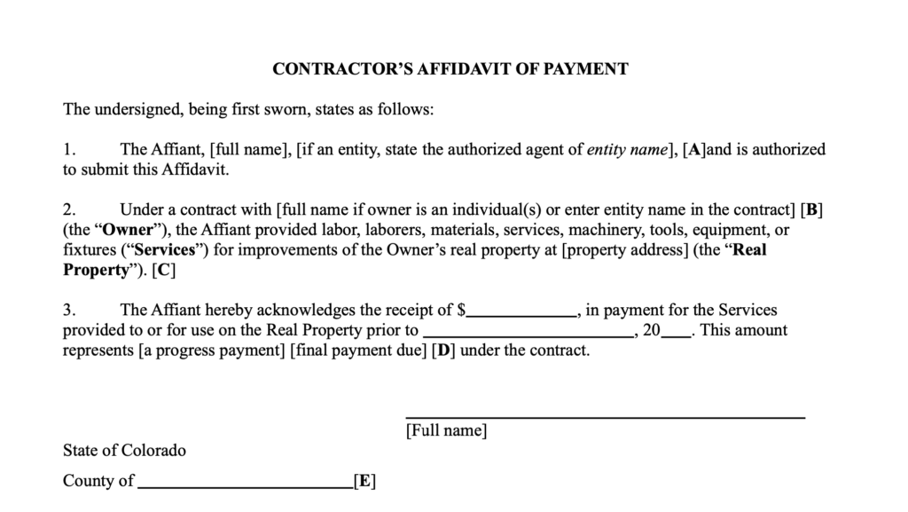 Photocopy sample of a Contractor's Affadavit