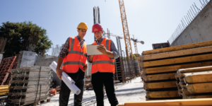 Types of contractor: two construction contractors reviewing documents