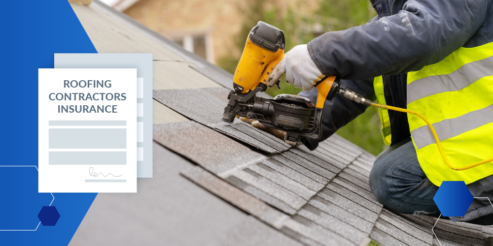 Close up photo of a worker installing a shingle on a roof. On the left is an illustration of a roofing insurance document for contractors