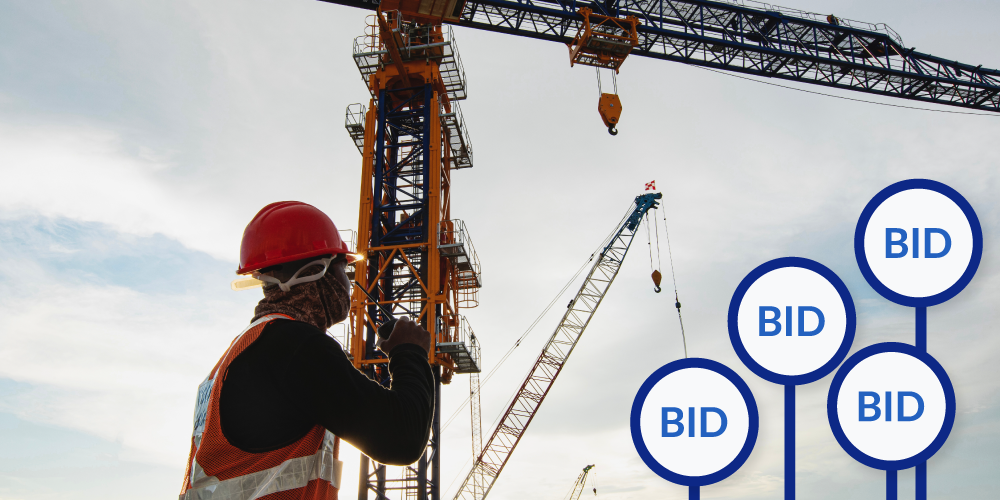 construction bidding website: illustration of contractor with bid signs