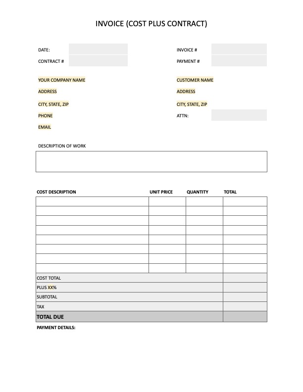 Preview of an invoice template for cost plus contracts