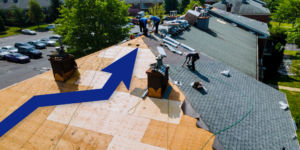 how to grow a construction business: photo of workers on roof with upward graph arrow illustrating growing construction company