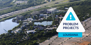 Aerial photo of the former Six Flags New Orleans site with Louisiana Problem Projects graphic