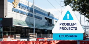 Photo of New Orleans convention center with Louisiana problem projects graphic