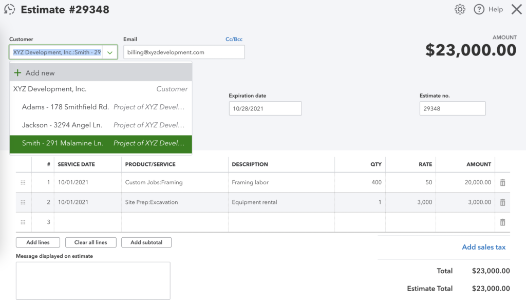 QuickBooks assign estimate to project