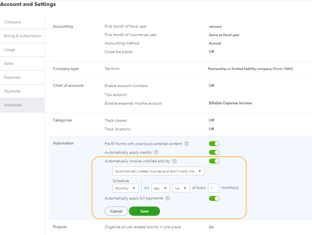 QuickBooks - Automatically invoice unbilled activity