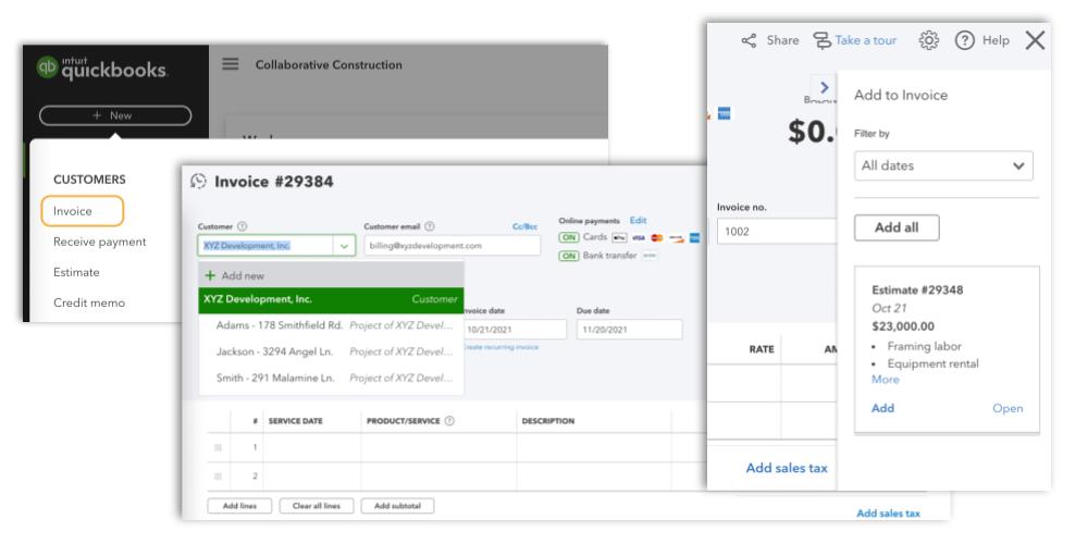 QuickBooks create invoice from estimate