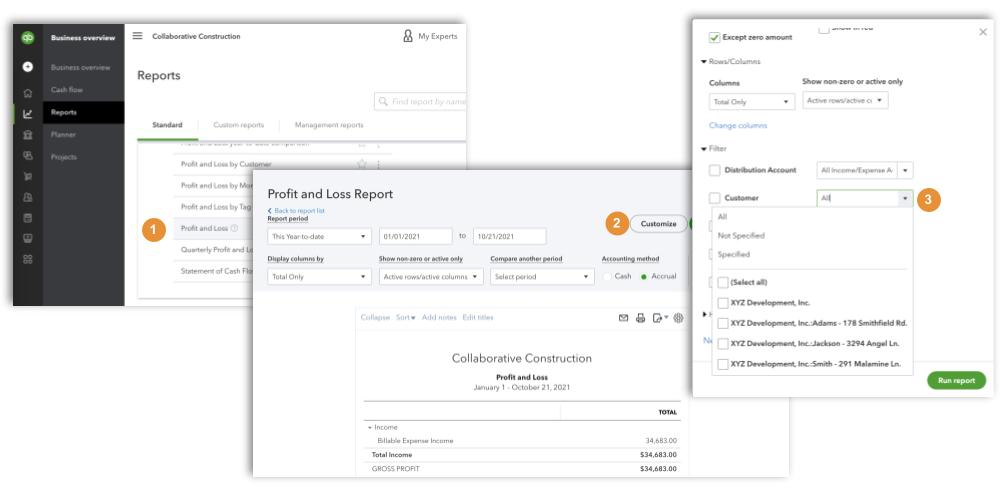 QuickBooks create job profit & loss report