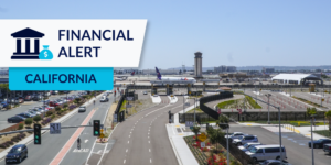 Photo of San Diego airport with California Financial Alert graphic