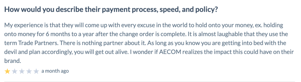 Screenshot of 1-star contractor review of AECOM-Hunt's payment practices